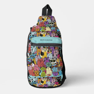 Custom Name Funny Cats Illustration Sling Bag