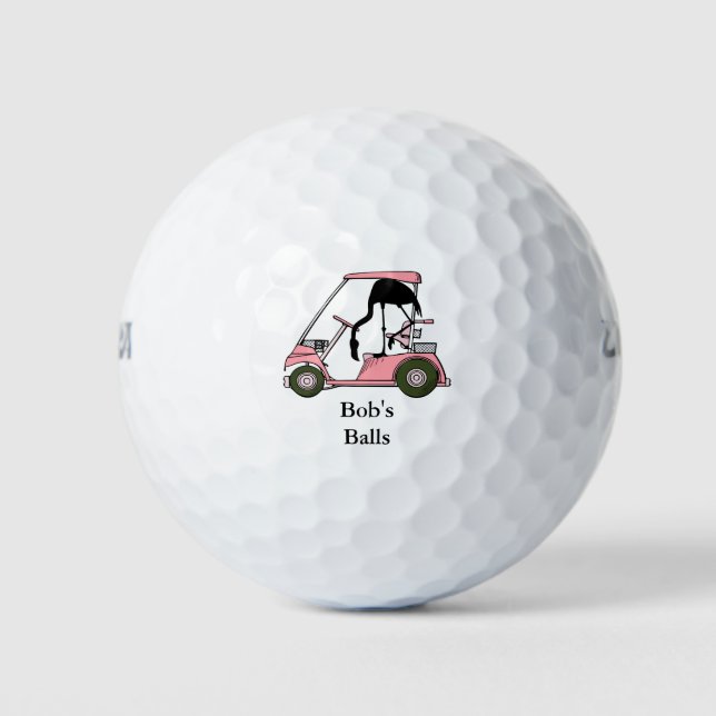 Custom Name Funny Golfcart Flamingo Golf Balls (Front)