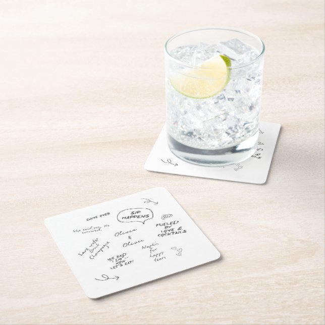 Custom name, funny love note handwriting wedding square paper coaster (Insitu)