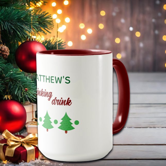 Custom Name Funny Thinking Drink Christmas Trees Mug (Creator Uploaded)
