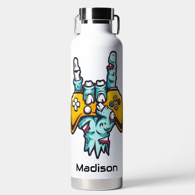 Custom name Gamer Zombie Water Bottle (Front)