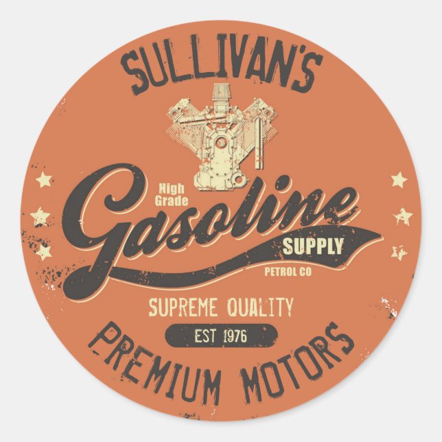 Custom NAME Gasoline Motors Retro Mechanic Garage  Classic Round Sticker (Front)