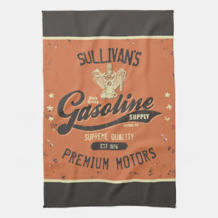 Custom NAME Gasoline Motors Retro Mechanic Garage  Tea Towel