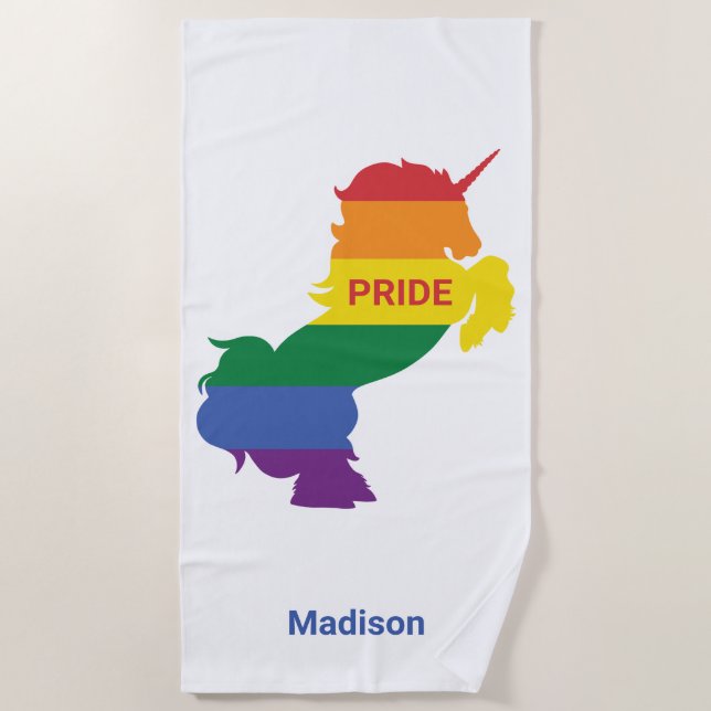 Custom Name Gay Unicorn Beach Towel (Front)