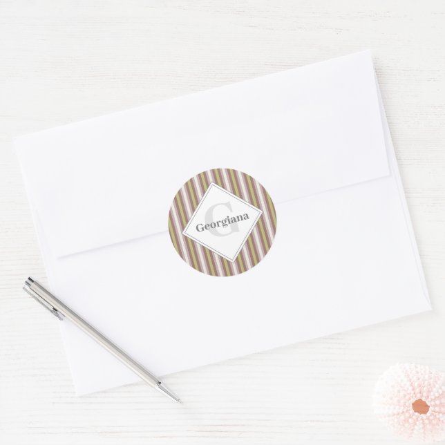 Custom Name Geometric Warm Neutral Candy Stripes Classic Round Sticker (Envelope)