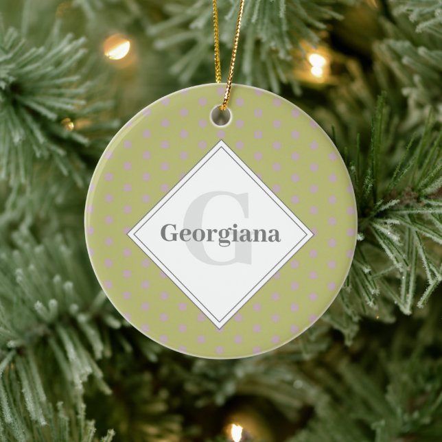 Custom Name Geometric Warm Neutral Polka Dot Stars Ceramic Ornament (Tree)