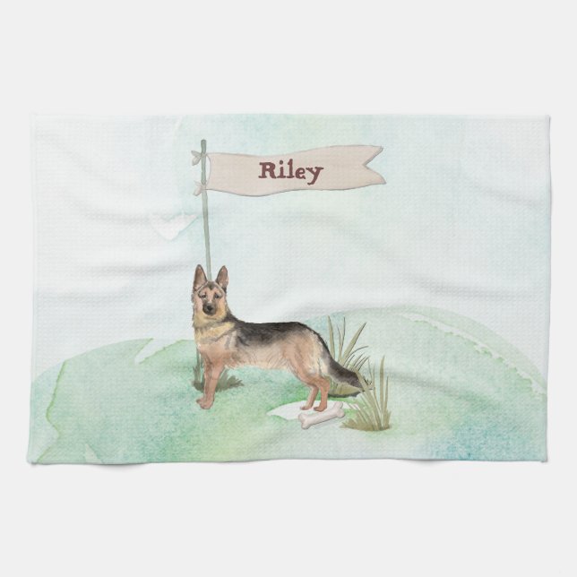 Custom Name German Shepherd Pet Dog Tea Towel (Horizontal)