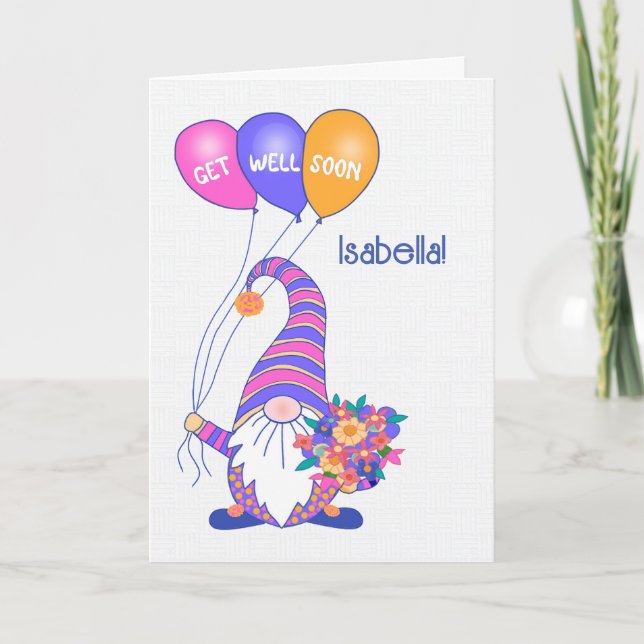 Custom Name Get Well Gnome Balloons Flowers Card (Front)