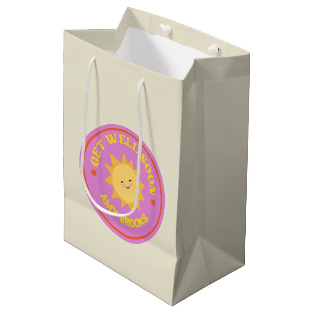 Custom name get well soon text sun on purple medium gift bag (Front Angled)