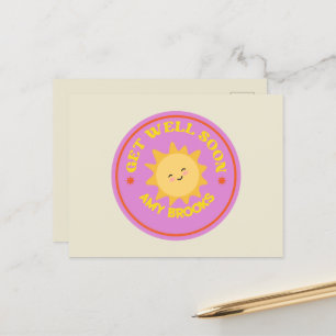 Custom name get well soon text sun on purple postcard