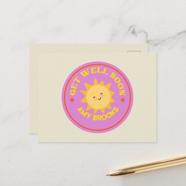 Custom name get well soon text sun on purple postcard (Front/Back In Situ)