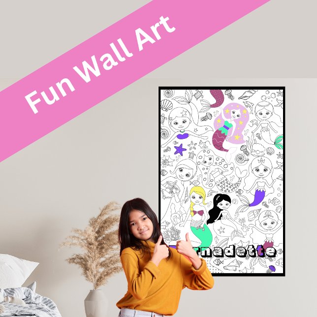 Custom Name Giant Mermaid Kids' Colouring Posters (Unleash your creativity with this giant mermaid coloring poster that turns into wall art.)