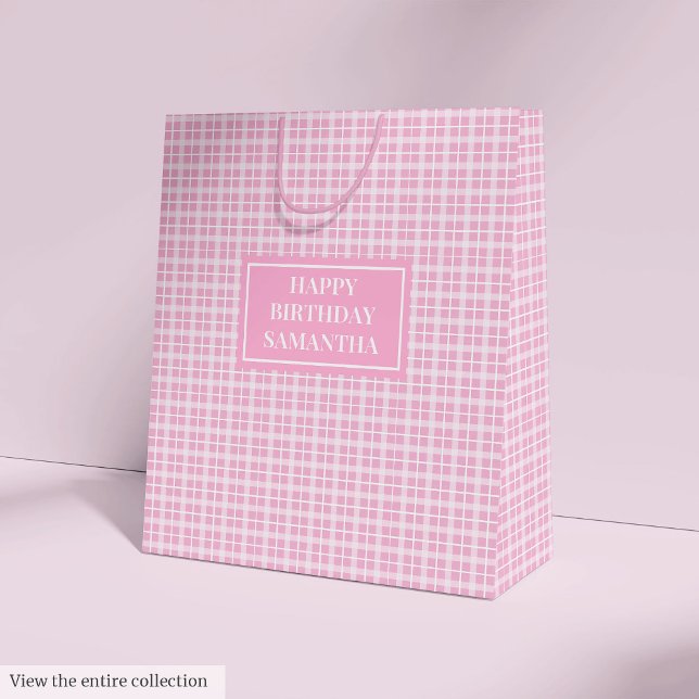 Custom Name Gift Bag Classic Pink Tartan Accent (Birthday Gift Bag Pink Plaid Monogram Keepsake)