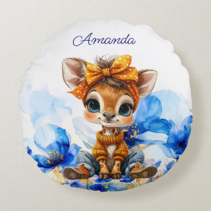 Custom Name Giraffe polka dot bow blue poppies Round Cushion