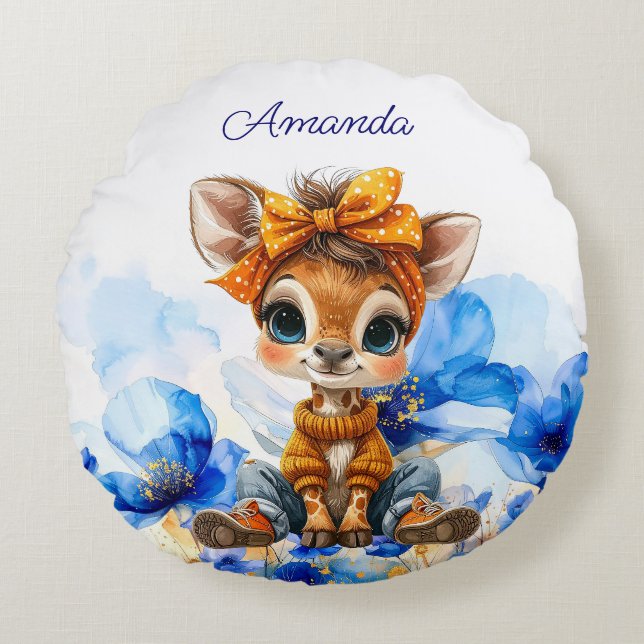 Custom Name Giraffe polka dot bow blue poppies Round Cushion (Front)