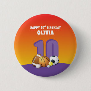 Custom Name Girl 10th Birthday Sports Balls 6 Cm Round Badge
