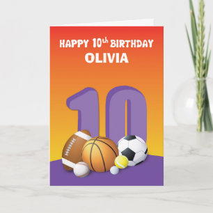 Custom Name Girl 10th Birthday Sports Balls Card