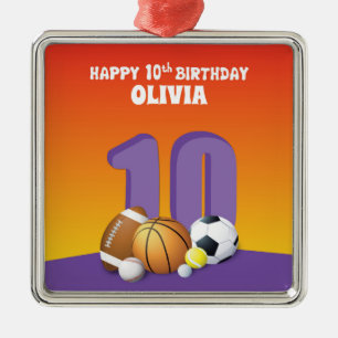 Custom Name Girl 10th Birthday Sports Balls Metal Ornament