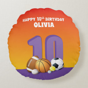Custom Name Girl 10th Birthday Sports Balls Round Cushion