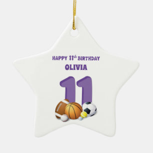 Custom Name Girl 11th Birthday Sports Balls Ceramic Ornament