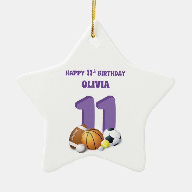 Custom Name Girl 11th Birthday Sports Balls Ceramic Ornament (Front)