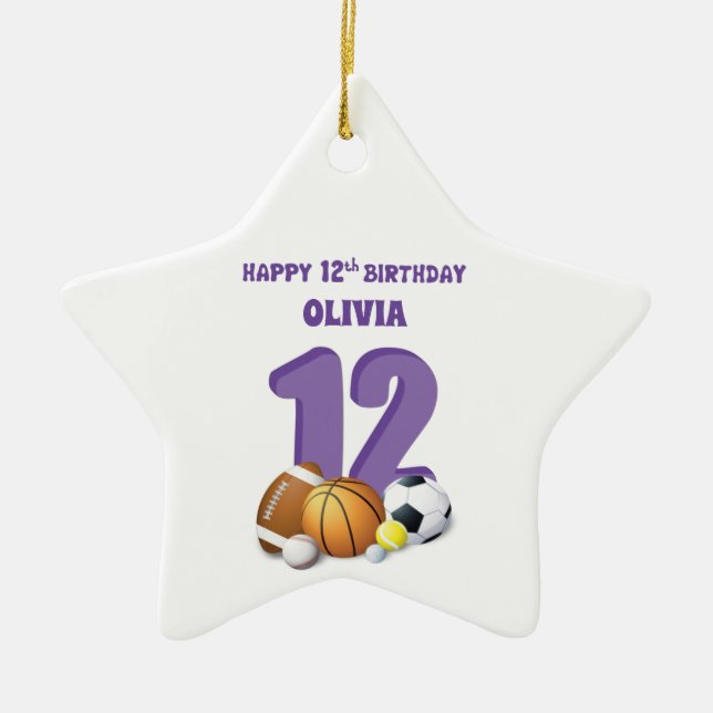 Custom Name Girl 12th Birthday Sports Balls Ceramic Ornament (Front)