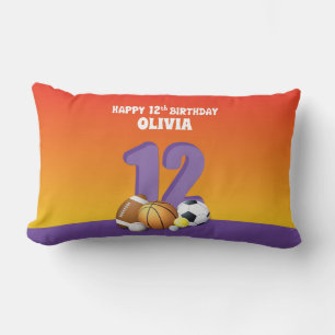 Custom Name Girl 12th Birthday Sports Balls Lumbar Cushion