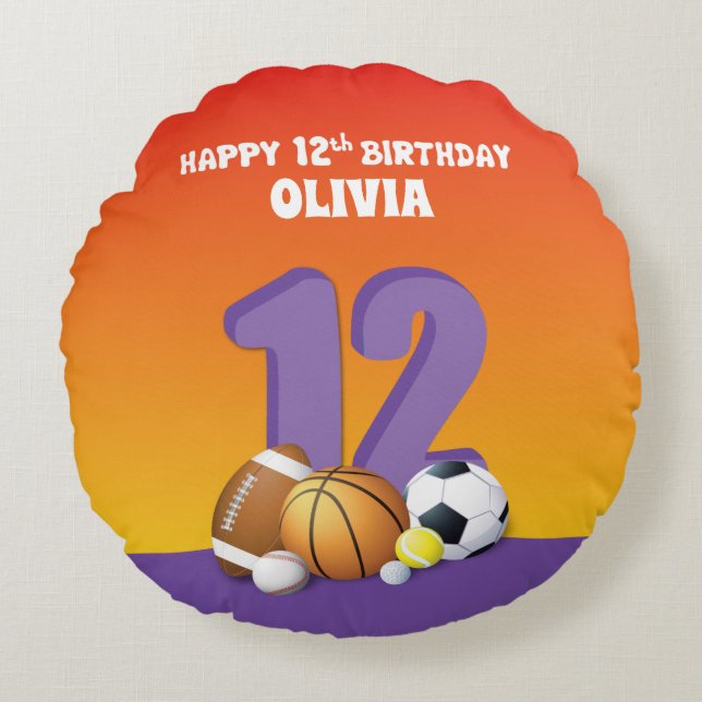 Custom Name Girl 12th Birthday Sports Balls Round Cushion (Front)