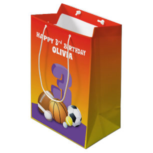 Custom Name Girl 3rd Birthday Sports Balls Medium Gift Bag