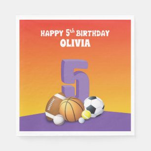 Custom Name Girl 5th Birthday Sports Balls Napkin