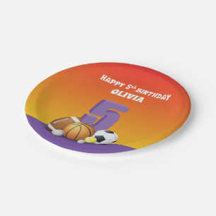 Custom Name Girl 5th Birthday Sports Balls Paper Plate