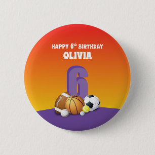 Custom Name Girl 6th Birthday Sports Balls 6 Cm Round Badge