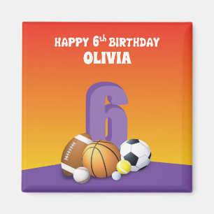 Custom Name Girl 6th Birthday Sports Balls Magnet