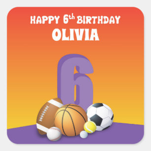 Custom Name Girl 6th Birthday Sports Balls Square Sticker