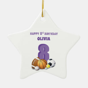 Custom Name Girl 8th Birthday Sports Balls Ceramic Ornament