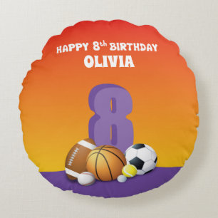 Custom Name Girl 8th Birthday Sports Balls Round Cushion