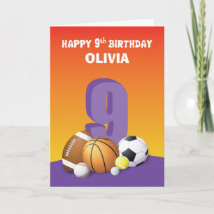 Custom Name Girl 9th Birthday Sports Balls Card
