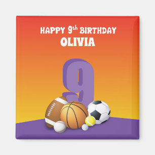 Custom Name Girl 9th Birthday Sports Balls Magnet