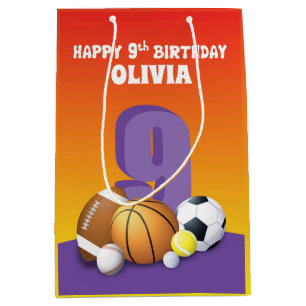 Custom Name Girl 9th Birthday Sports Balls Medium Gift Bag