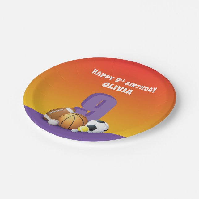 Custom Name Girl 9th Birthday Sports Balls Paper Plate (Angled)