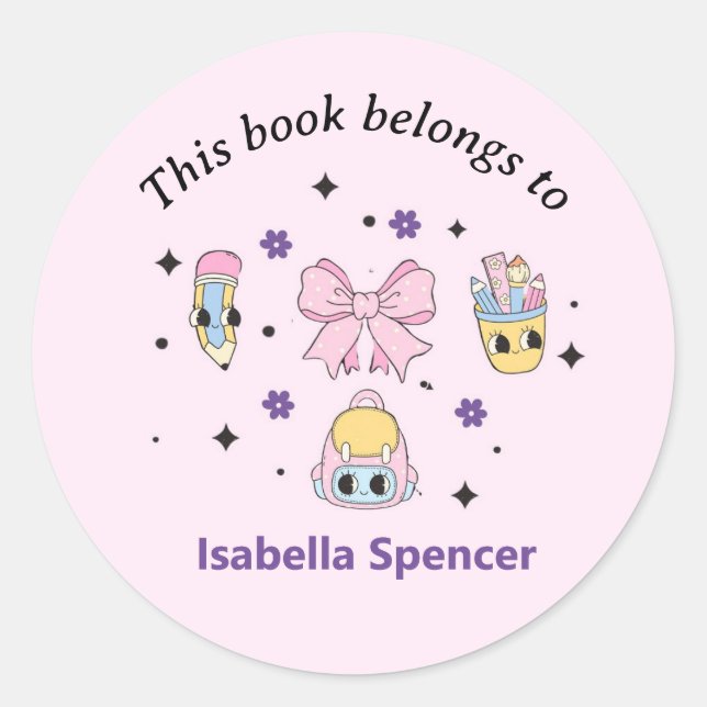 Custom Name Girl Cute This Book Belongs To Pink Classic Round Sticker (Front)