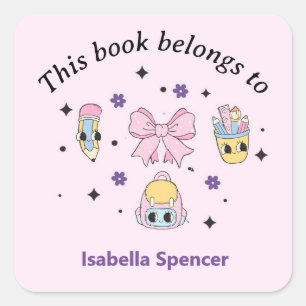 Custom Name Girl Cute This Book Belongs To Pink Square Sticker
