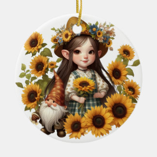 Custom name girl gnome sunflowers  ceramic ornament