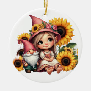 Custom name girl gnome sunflowers  ceramic ornament