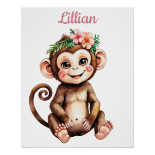 Custom Name Girl Nursery Baby Monkey Poster
