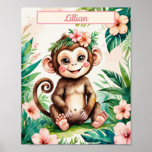 Custom Name Girl Nursery Baby Monkey Poster