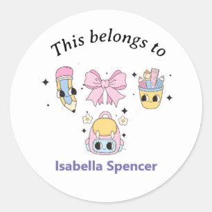 Custom Name Girls Cute This Belongs To  Classic Round Sticker