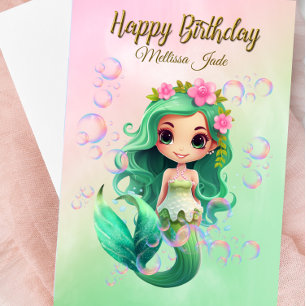 Custom Name Girl's Mermaid Birthday Card