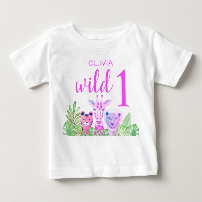 Custom Name Girl's Pink Wild One Jungle Animals  Baby T-Shirt (Front)