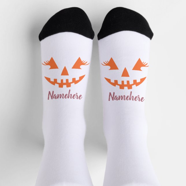 Custom Name Girly Jack O Lantern Pumpkin Halloween Socks (Top)